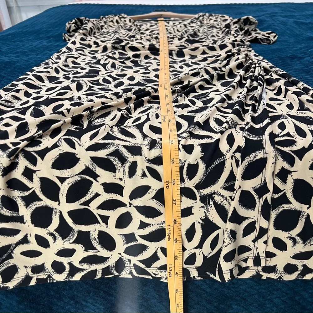 Ralph Lauren Black Tan Floral Stretch Jersey Knit 3/4 Sleeve Faux Wrap Dress 14W